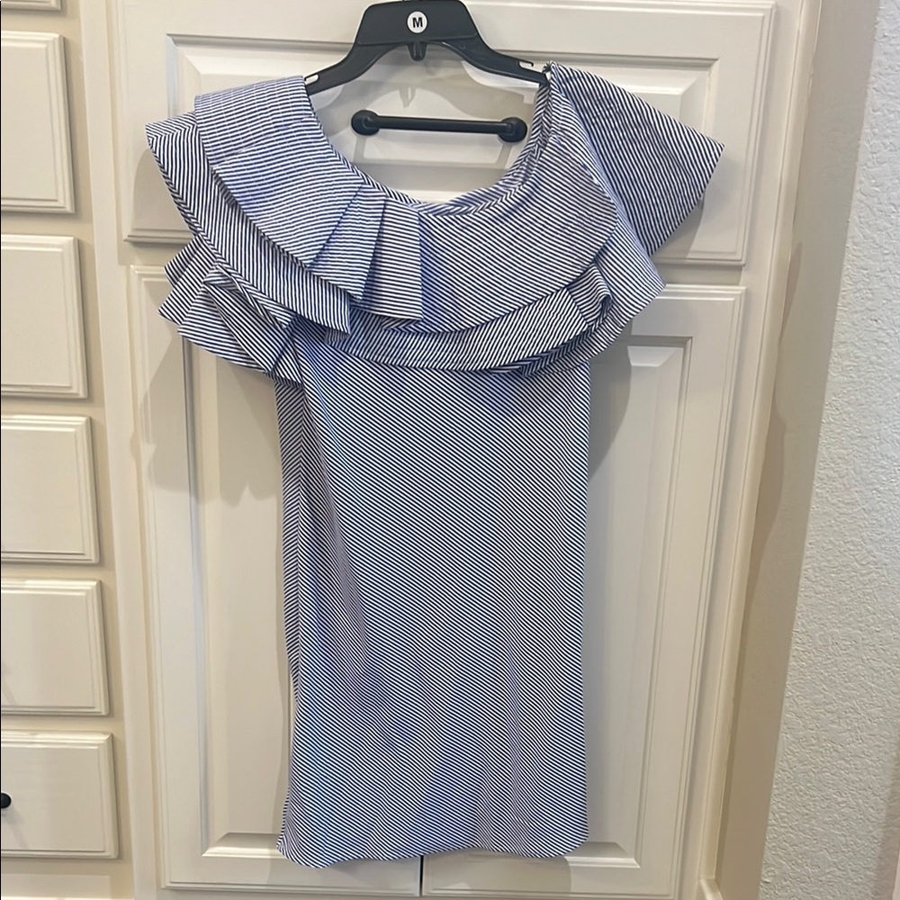 Blue and White Off the Shoulder Sheath Mini Dress